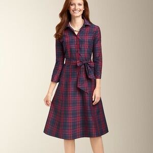 Talbots Navy Blue & Magenta Pink Plaid Silk & Cotton Pleated Button Shirt Dress